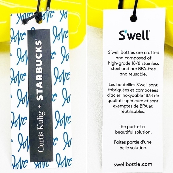 S’well Water Bottle Love Me Yellow Steel Curtis Kulig + Starbucks Swell New NWT - Picture 5 of 7